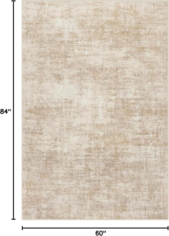 5x7 Area Rugs for Living Room: Washable Abstract Beige Badroom Carpet | - Image 2