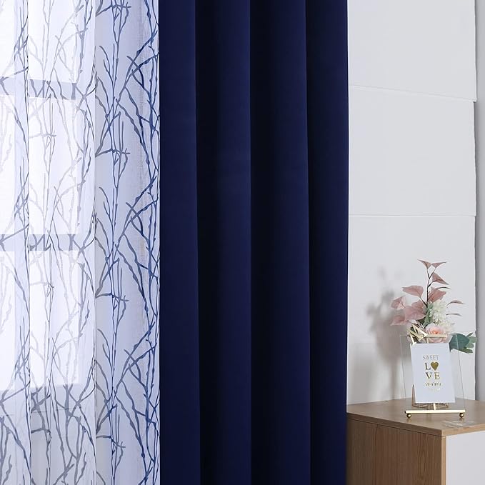 BONZER Mix and Match Curtains - 2 Pieces Branch Print Sheer Curtains and 2 Pieces Blackout Curtains for Bedroom Living Room Grommet Window Drapes, 54x84 Inch/Panel, Indigo, Set of 4 Panels