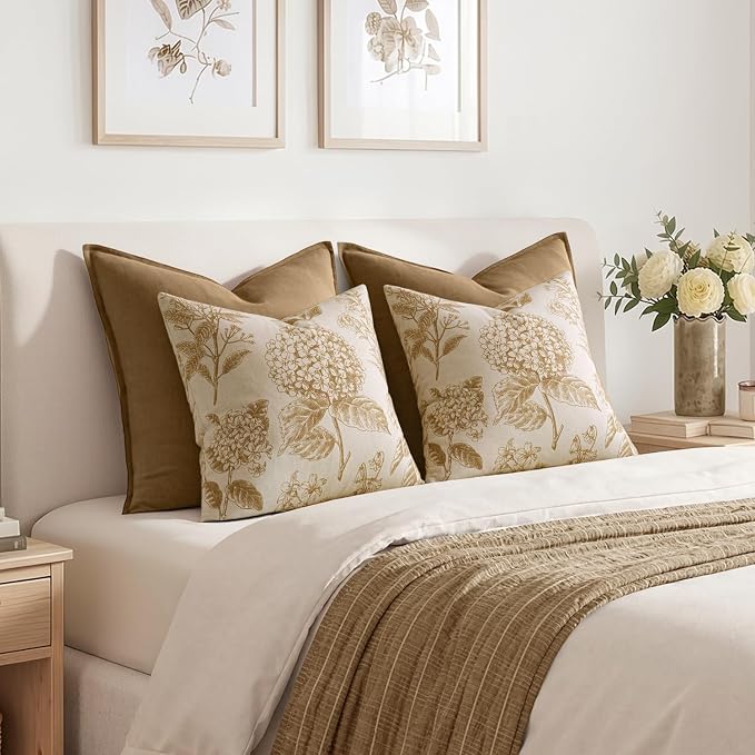 Set of 2 Decorative Floral Pillow Covers 20x20 Inch Light Yellow | Neutral - Image 6