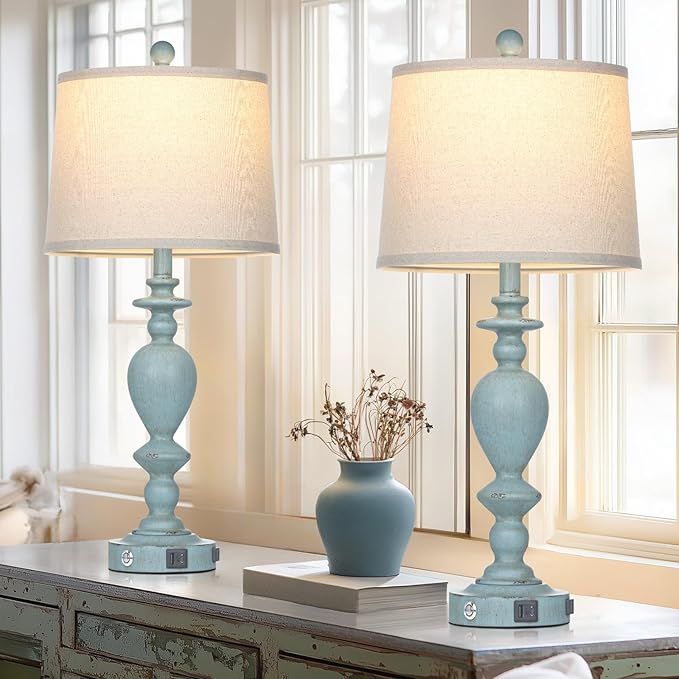 27.5" Coastal Table Lamp for Living Room Set of 2,Retro Blue Bedside Nightstand Lamps with USB C+A Ports & AC Outlet,3-Way Dimmable Touch Control Desk Lamp for Bedroom