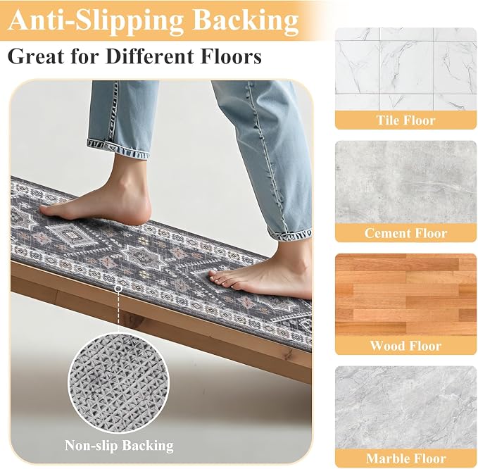 HEBE Boho Kitchen Rugs Set of 2, Non Slip Washable Kitchen Mats - Image 3