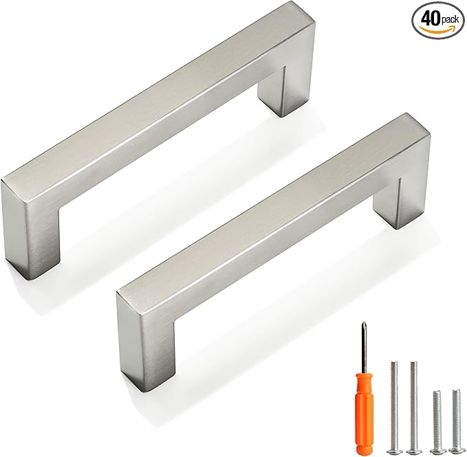 Cabinet Pulls Brushed Nickel Cabinet Handles Square Drawer Pulls, 40 Pack 3-3/4 Inch Stainless Steel Kitchen Door Cupboard Cabinet Handles, Cabinet Hardware Drawer Handles, 96mm Hole Centers