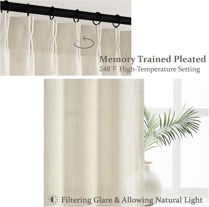 Cream Pinch Pleated Thick Linen Sheer Curtains 90 Inches Long Living Room | - Image 3