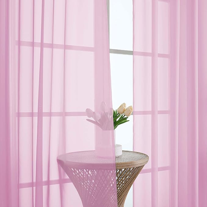 Pink Sheer Curtain 90 Inches Long 2 Panels Set, Solid Filmy Drapes - Image 3