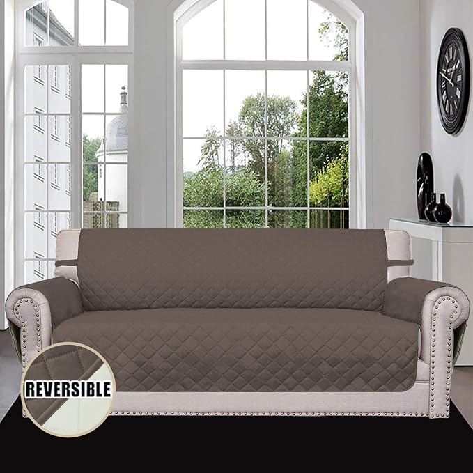 Easy-Going Reversible Couch Cover, 3 Cushion Sofa, Taupe/Ivory | Machine - Image 2