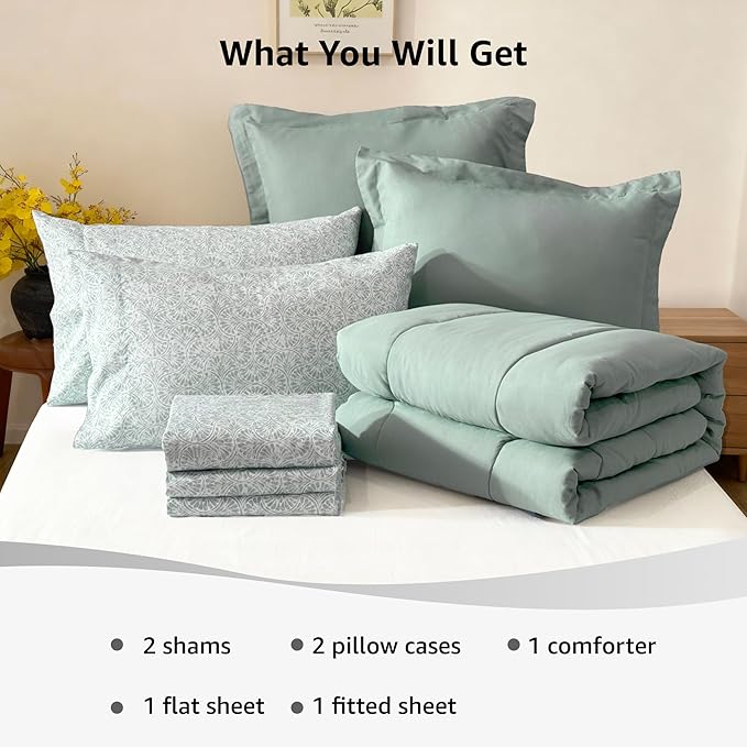 Monbix King Size Comforter Set - 7 Pieces Bed in a Bag King, Sage Green Track Stitching Bedding Sets, All Seasons Down Alternative Bed Set with Sheets, Pillowcases & Shams