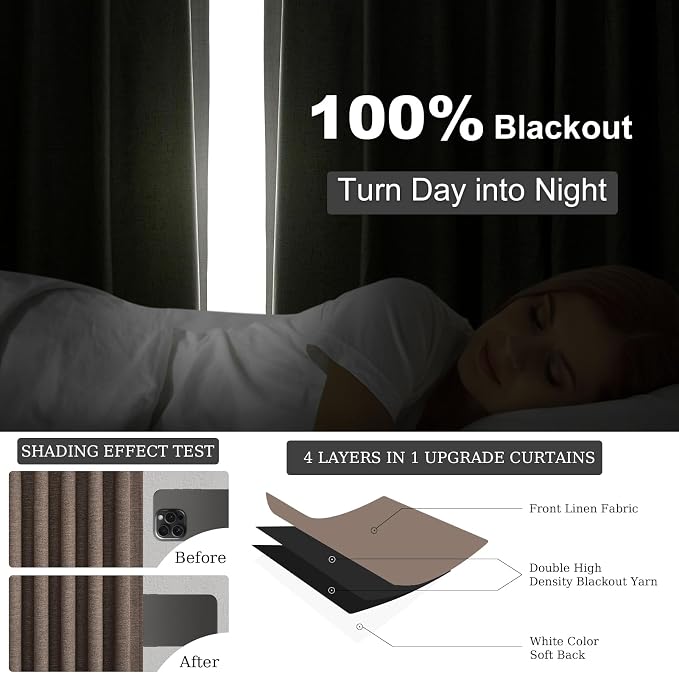 Topfinel Dark Brown 90 Inch Blackout Linen Curtains - Image 3