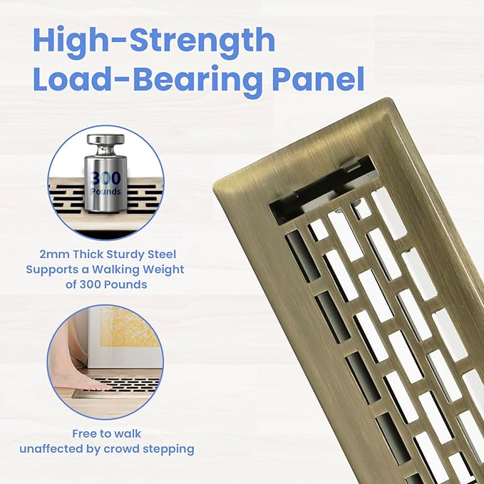 2x12 Inches 4 Pack Heavy Duty Walkable Floor Register - Easy Adjust Air Supply Lever Decorative Floor Vent Covers, Boston Design Vent Covers for Home - Antique Brass
