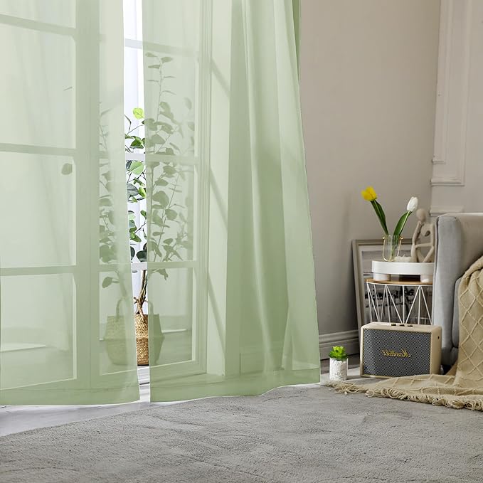 Light Green Sheer Curtains 90 Inches Long 2 Panels, Modern Light Filtering - Image 2