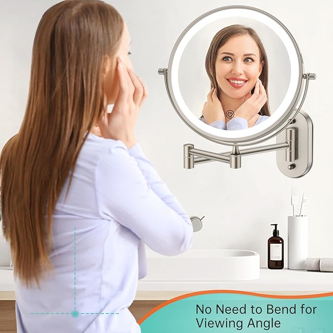 Rechargeable Wall Mounted Lighted Makeup Vanity Mirror 8 Inch Double Sided 1X 10X Magnifying Bathroom Mirror, 3 Color Lighting, Touch Screen Dimming, Extended Arm 360 Rotation Shaving Light up Mirror
