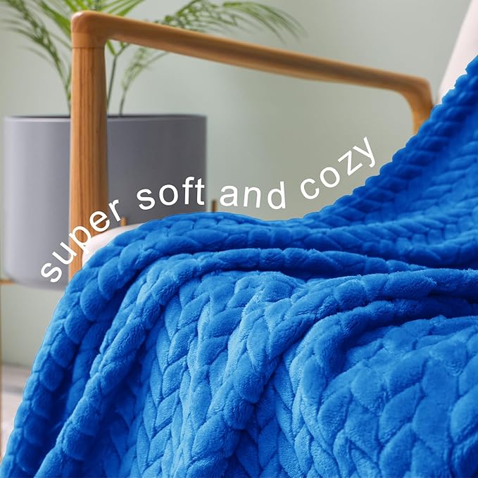 Exclusivo Mezcla Fleece Queen Size Blanket for Bed, 90x90 Inches Soft Cozy Jacquard Flannel Blankets, Lightweight Fuzzy Plush Warm for Winter, Cobalt Blue