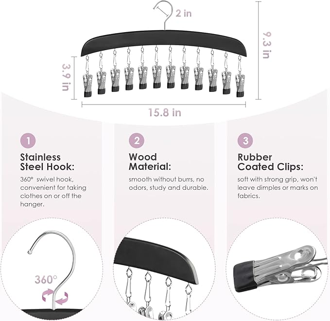 Leggings Hangers, Wooden Closet Hanging Leggings Storage Organizer Scarf Hangers with 24 Clips, 360° Swivel Hook, Black, 2 Pcs