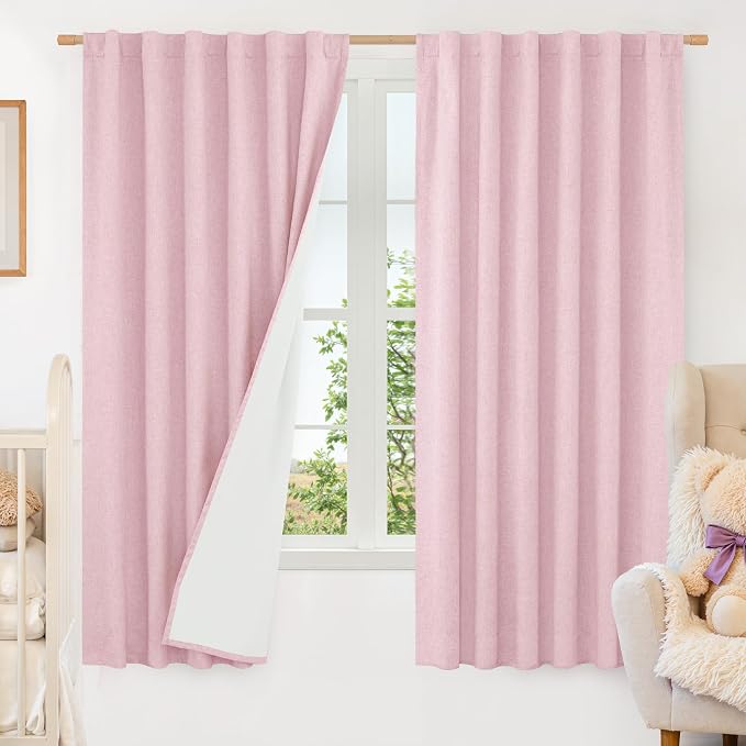 100% Blackout Pink Linen Curtains 63 Inches by LAMIT