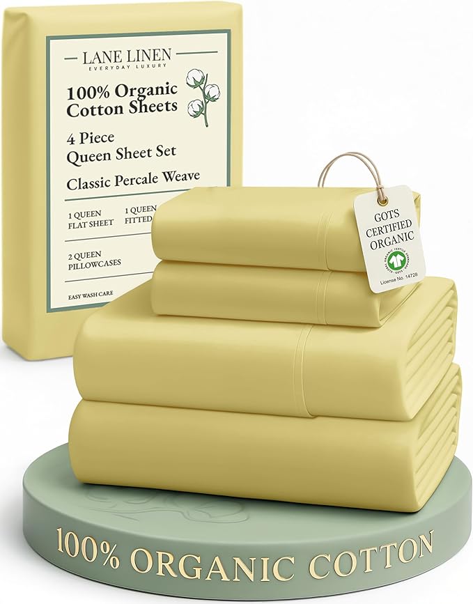 LANE LINEN Eco Friendly 100% Organic Cotton Bed Sheets Queen Size, Soft & Comfy Naturally Cooling Percale Weave, Low Pill Fade Resistanct Breathable 15" Deep Pocket Bedding- Cocoon