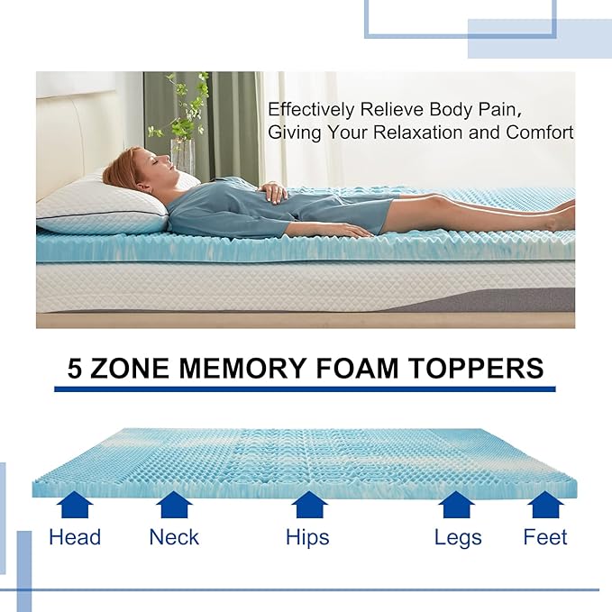 SINWEEK Mattress Topper Memory Foam Mattress Topper 2 Inch Queen Soft Mattress Pad for Pressure Relief, 5-Zone Design, CertiPUR-US Certified