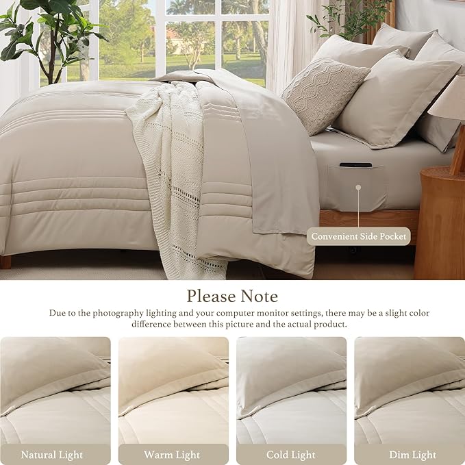 Monbix Queen Comforter Set - 7 Pieces Beige Bed in a Bag Queen Bedding Sets with Comforters, All Seasons Comforter Bed Set with Sheets,Pillowcases & Shams