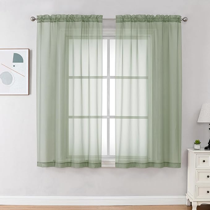 Light Green Sheer Curtains 63 inch Length 2 Panels Set by OVZME