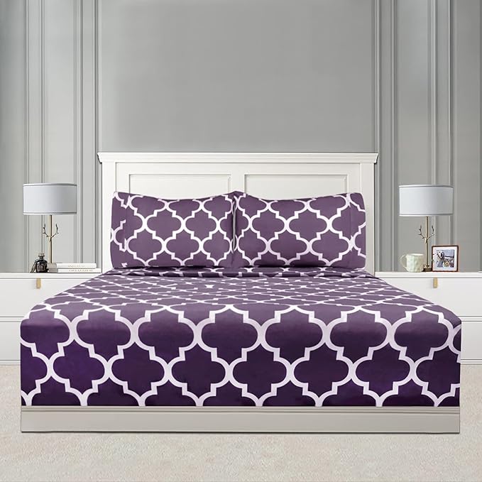 Mejoroom King Bed Sheet Set - Super Soft Brushed Microfiber 1800 Thread Count Sheets with 15 inch Deep Pocket - Wrinkle Free - 4 Piece (King, Purple Quatrefoil with White Pattern)