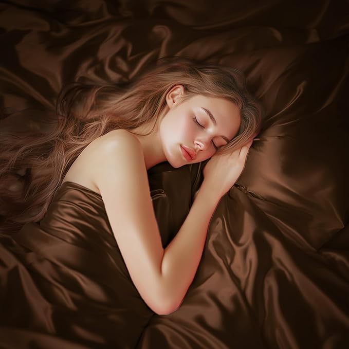 Love's cabin Full Size Satin Sheet Sets - 4 Piece Brown Silky Satin Sheet Set Full with Deep Pocket, Luxury Silk Feel Satin Bed Sheets Full Bedding Set (1 Flat Sheet,1 Fitted Sheet,2 Pillow Cases)