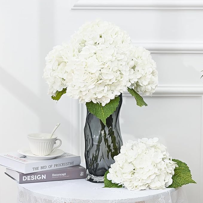 MARTINE MALL 2Pcs 21in Hydrangea Artificial Flowers, Latex Real Touch Hydrangeas Lifelike Large Hydrangea Flowers for Home Decor Party Arrangements Wedding Bouquets Centerpieces (White)