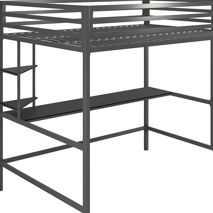 Novogratz Maxwell Metal Full Loft Bed with Desk & Shelves, Gray/Black