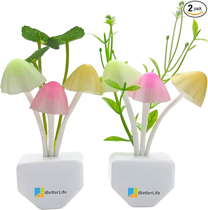 iBetterLife Sensor Night Light Color Changing Plug in Wall LED Mushroom Nightlight with Dusk to Dawn Sensor Auto On/Off Cottage Core Decor Lamp, Super Power Saving, 2 Pack