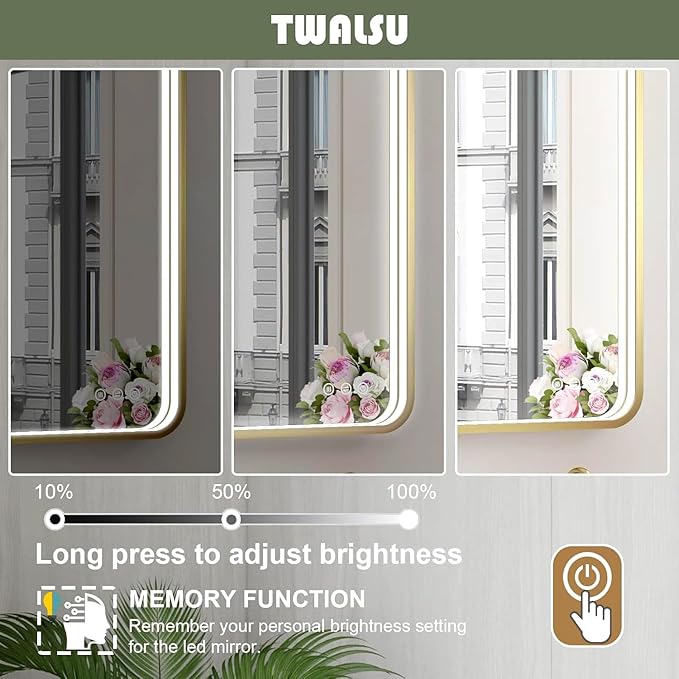 LED Bathroom Mirror with Lights, 30x36 Inch Gold Metal Framed LED Mirror for Bathroom, 3 Colors and Stepless Dimmable Wall Mounted Lighted Bathroom Vanity Mirror, Anti-Fog, Memory