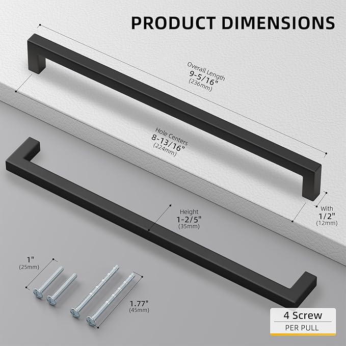 goldenwarm 60 Pack 8-4/5 Inch Black Cabinet Handles Matte Black Drawer Pulls Stainless Steel Cabinets Hardware Square Bar Modern for Kitchen Bathroom Cupboard