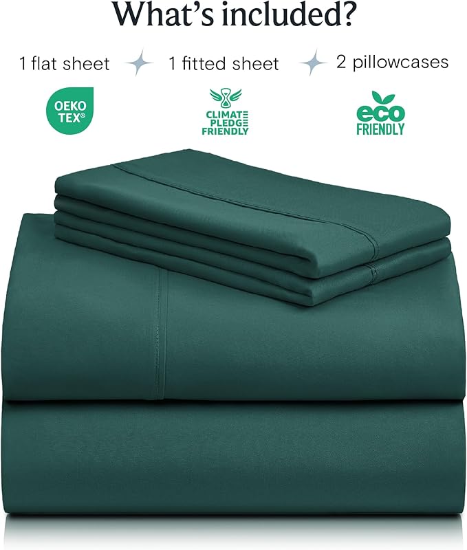 LuxClub 4 PC King Sheet Set, Deep Pockets Wrinkle Free Cooling Bed Sheets Hotel Bedding for Women, Men, Kids & Teens, Includes 1 Fitted Sheet, 1 Flat Sheet and 2 Pillowcases - Silky Soft Emerald