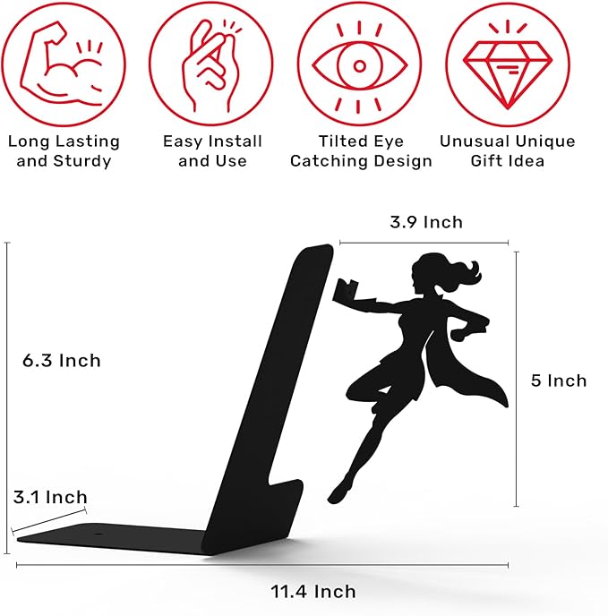 Stylish Metal Bookend in Black - Book Holder for Any Angle, Shelf, Desk, Desk - Decorative Book Organiser Book Holder - The Coolest Gift Idea (Supergal)