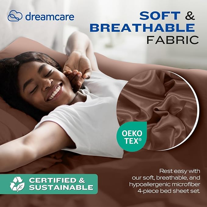 DREAMCARE Full Size Sheets Set - 4 Pcs Cooling Bed Sheets with Up to 15" Deep Pockets - Soft, Long-Lasting 100% Brushed Polyester with Side Pocket (Mocha Brown)