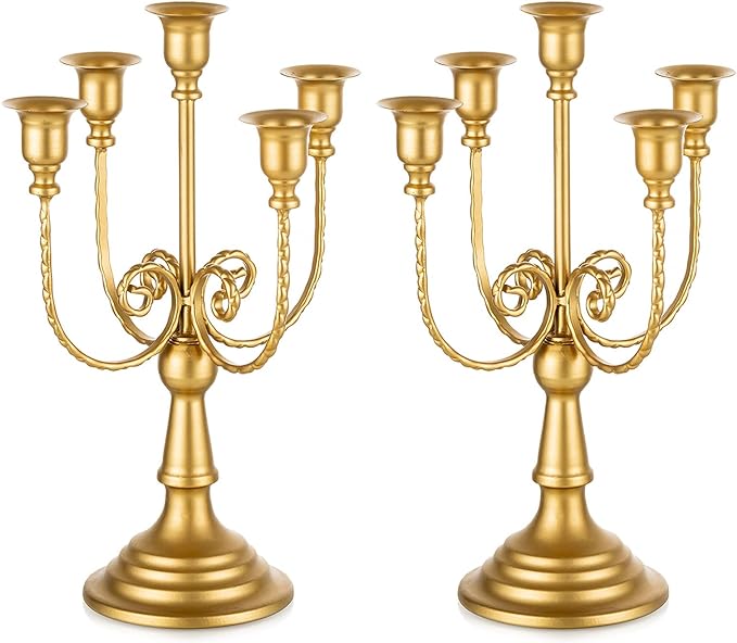 Romadedi Candelabra Gold Candle Holders - 5 Arm 11.8" Wedding Candlestick Holder for Theme Party Table Centerpiece Decor Dining Room Birthday Holiday Christmas, Set of 2