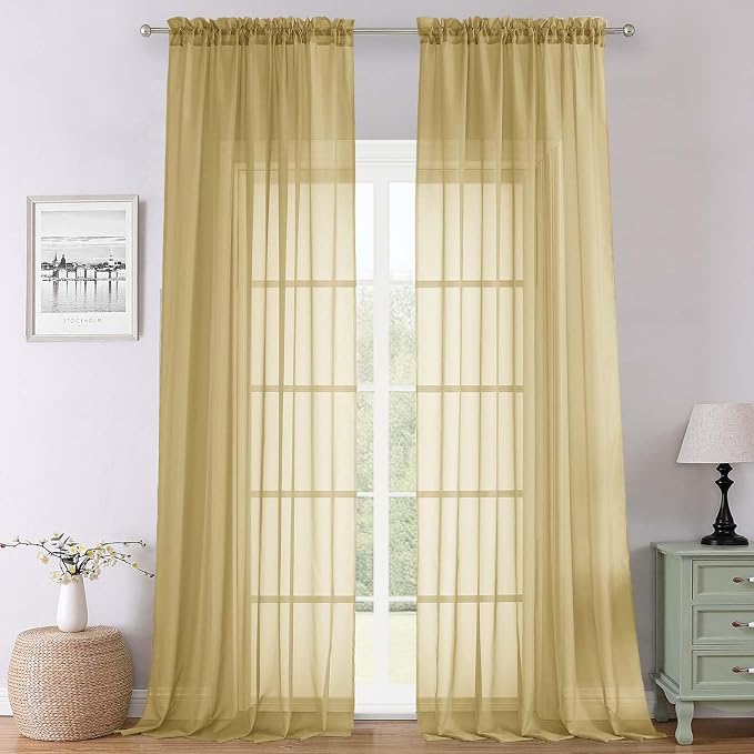 Gold Sheer Curtains 120 Inches Long 2 Panels Set, Rod Pockets Light Filtering by Lecloud
