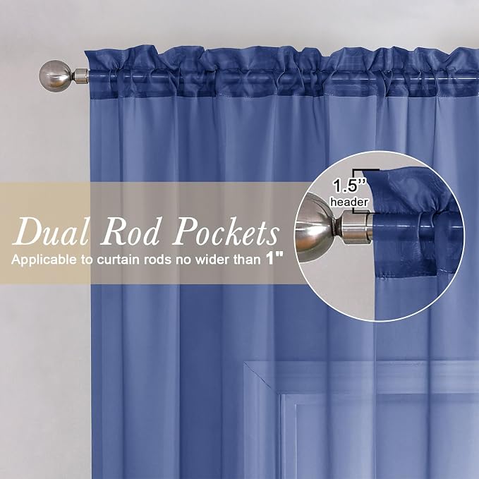 Royal Blue Sheer Curtains 45 Inch Length 2 Panels, Voile Rod Pocket Curtain - Image 2