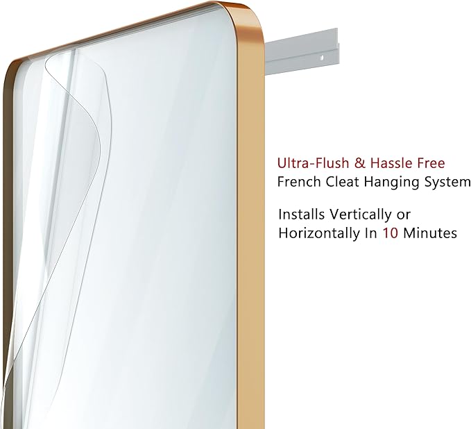 VocalStar Gold Bathroom Mirror for Wall, 40 x 30 Inch Metal Framed Rounded Rectangle Vanity Mirror Modern Farmhouse, 1/4-inch Shatterproof Glass | Ultra-Flush Hanging