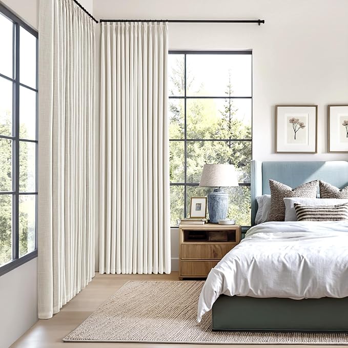 MIULEE Beige White Pinch Pleated 100% Blackout Linen Curtains 40x96 Inches | - Image 2