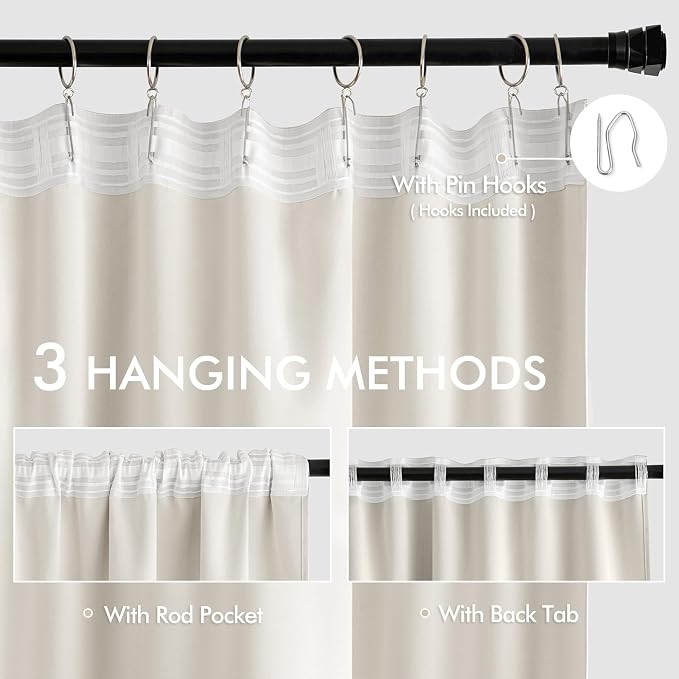 MIULEE Ivory Back Tab Blackout Curtains 52x63 Inches Long 2 Panels Set | Rod - Image 3