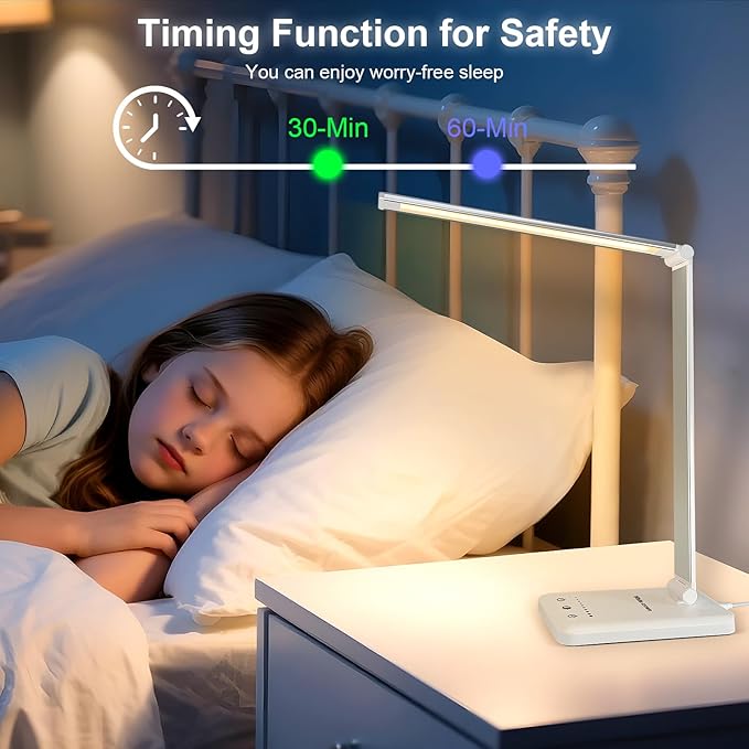 White crown LED Desk Lamp Dimmable Table Lamp Reading Lamp with USB Charging Port, 5 Lighting Modes, Sensitive Control, 30/60 Minutes Timer (White, First-Generation)