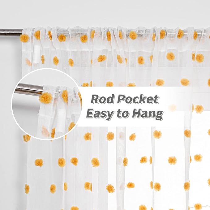 MYSKY HOME Short Curtains for Bedroom 54 Inches Long Burnt Orange Pom Pom White Sheer Curtains Kitchen Bathroom Nursery Boys Kids Room Rod Pocket 2 Pieces Small Window 52" x 54"