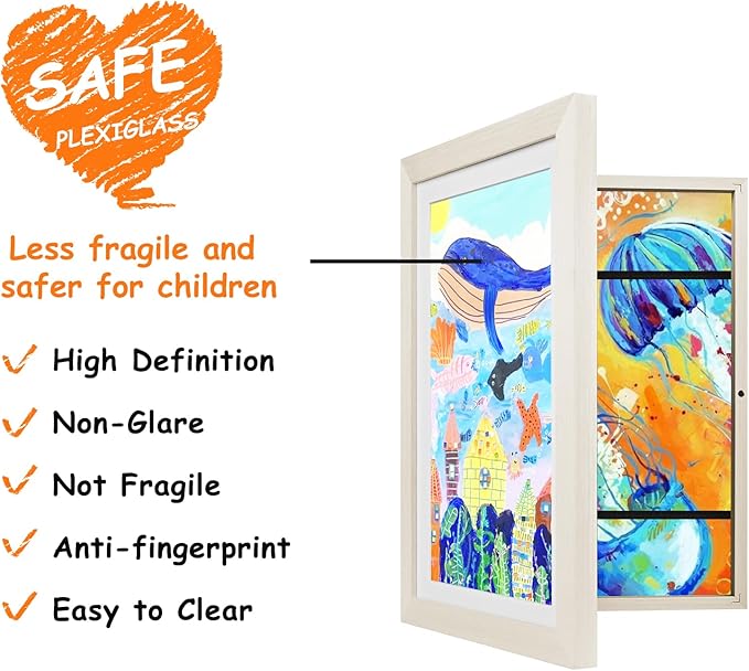 KINLINK 10x12.5 Kids Art Frames Set of 2, Solid Wood Kids Artwork Frames Changeable with Acrylic Front Opening Holds 150 Pictures, Art Frame for Kids Artwork with Mat or without Mat, White Wood