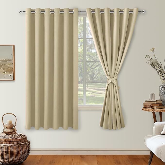 Blackout Curtains for Bedroom, Light Beige, 70 x 63 Inch, 2 Panels | Thermal by Hiasan