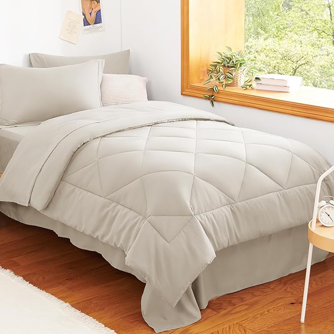 CozyLux Twin Comforter Set with Sheets Beige - 5 Pieces Bed in a Bag Twin, All Season Bed Set for Girls and Boys, Bedding Set with Down Alternative Comforter, Sheets, Pillowcase & Sham