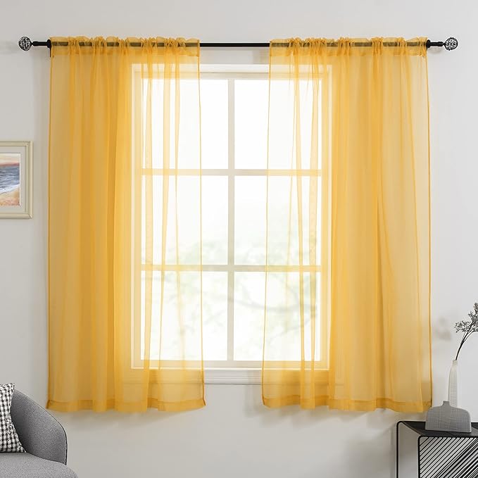 HUTO Gold Yellow Sheer Curtains 63 Inches Long for Living Room Rod Pocket Top Window Sheer Panels Curtains for Bedroom 2 Panels