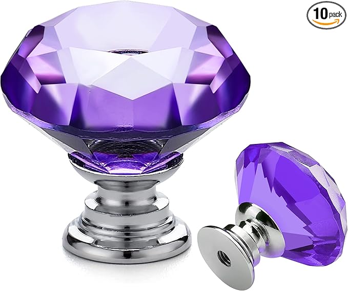 Ravinte 10 Pack Purple Crystal Knobs for Dresser Drawers Glass Cabinet Knobs Diamond Shaped Drawer Knobs - 30 mm Knobs with Silver Base