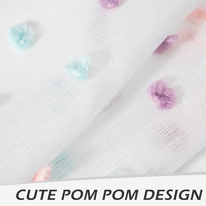 MYSKY HOME 45 Inches Kitchen Curtains Small Window Curtains for Bathroom Cafe Bedroom Rainbow Pom Pom Sheer Curtains for Nursery Room Rod Pocket 2 Pieces Drapes 38 x 45 inch Length