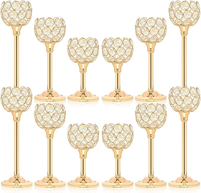 12pcs Bulk Crystal Candle Holder Set, 3 Sizes Tealight Candlestick Holders, Elegant Gold Candelabra for Wedding Table Centerpiece, Fireplace, Home & Living Room Decor