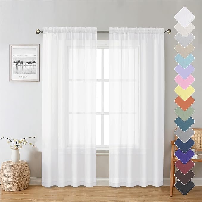 White Sheer Curtains 72 Inches Long 2 Panels, Soft Voile Light Filtering by Lecloud