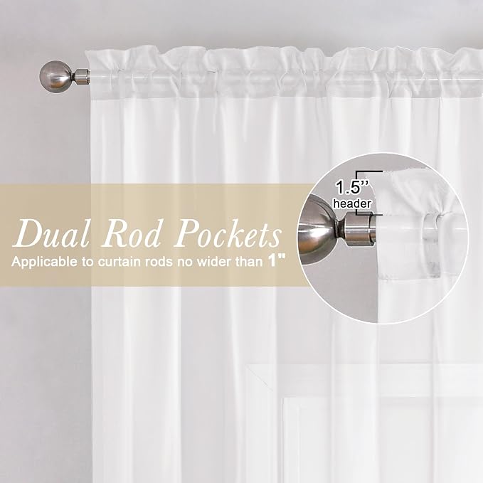 White Sheer Curtains 90 Inches Long 2 Panels, Farmhouse Voile Window Drapes Rod - Image 2