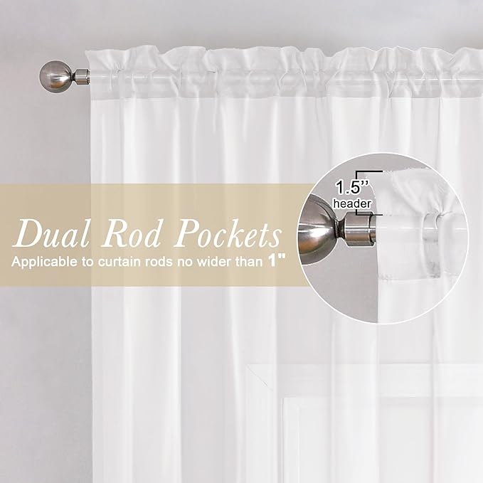 White Sheer Curtains 63 Inch Length 2 Pcs, Light Filtering Rod Pockets Window - Image 3