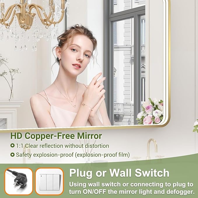 LED Bathroom Mirror with Lights, 30x36 Inch Gold Metal Framed LED Mirror for Bathroom, 3 Colors and Stepless Dimmable Wall Mounted Lighted Bathroom Vanity Mirror, Anti-Fog, Memory